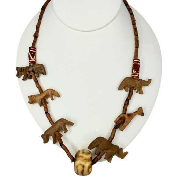 Unbranded Jewelry - Vintage African Carved Animal Wood Beaded Necklace 29" Wild Safari Trade